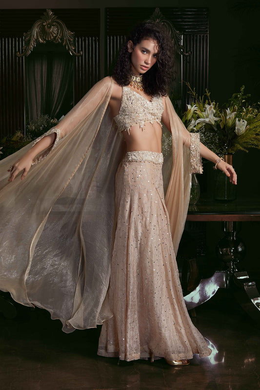 Sequin Bralette, Wide Leg Pants & Cape Set