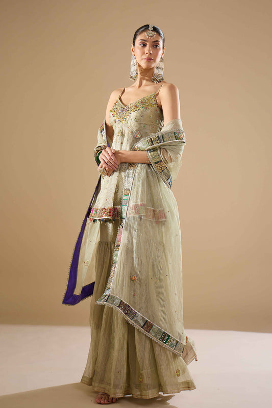Green Tissue Shirt & Gharara Set