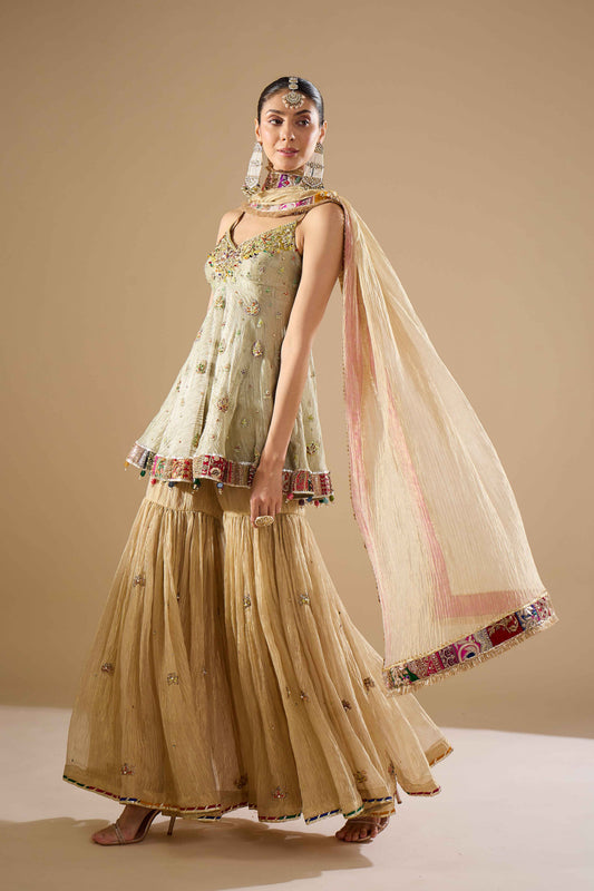 Sage Green Tissue Shirt & Gharara Set