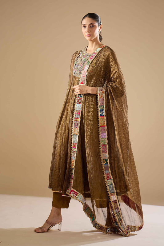 Olive Green Tissue Anarkali Set