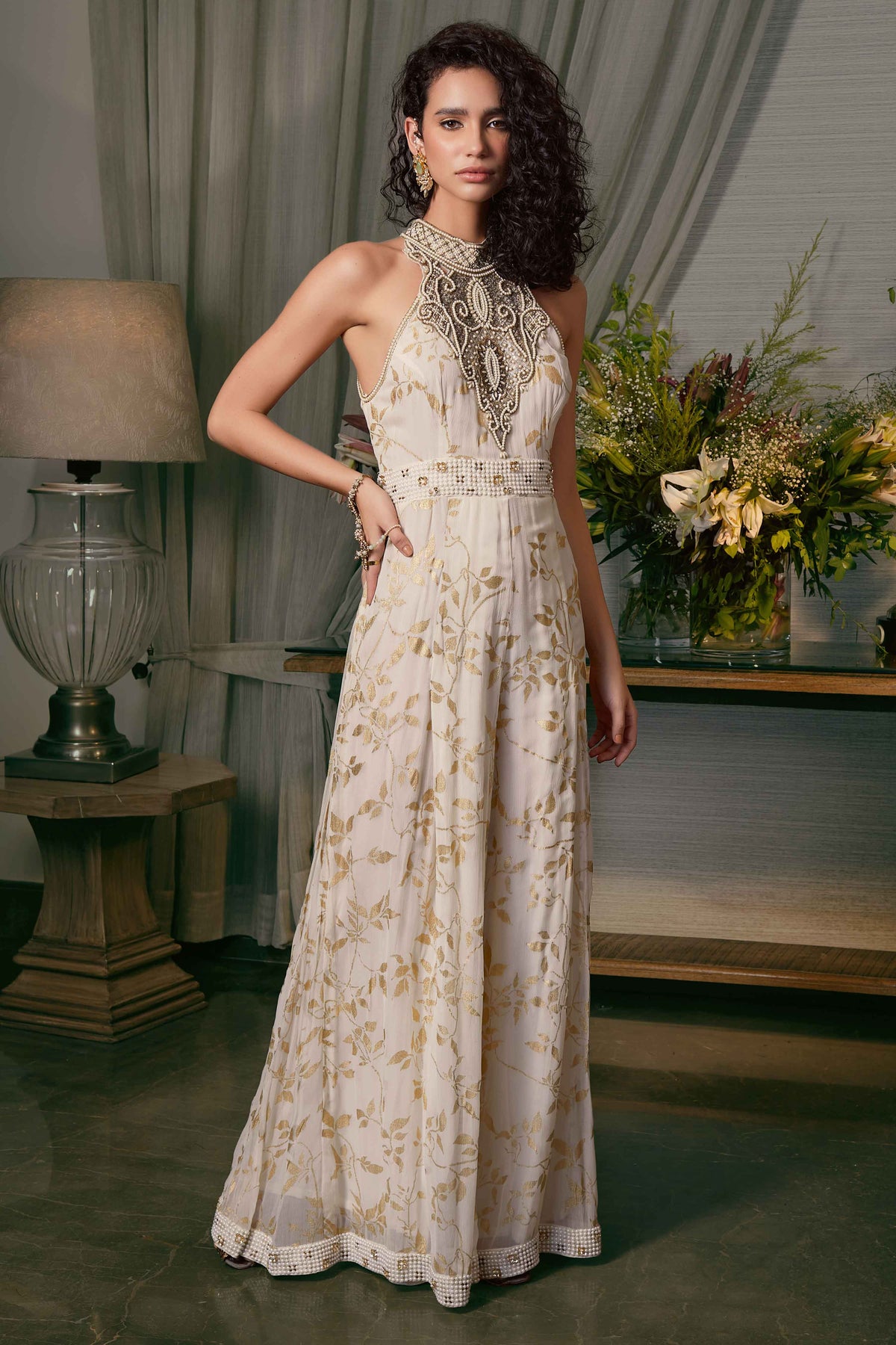 Ivory Foil Printed Jumpsuit