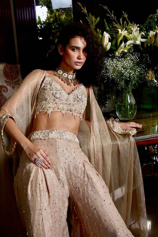 Sequin Bralette, Wide Leg Pants & Cape Set