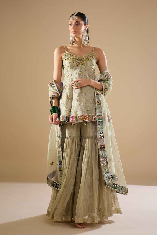 Green Tissue Shirt & Gharara Set