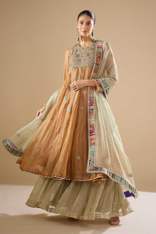Gold Tissue Anarkali Set