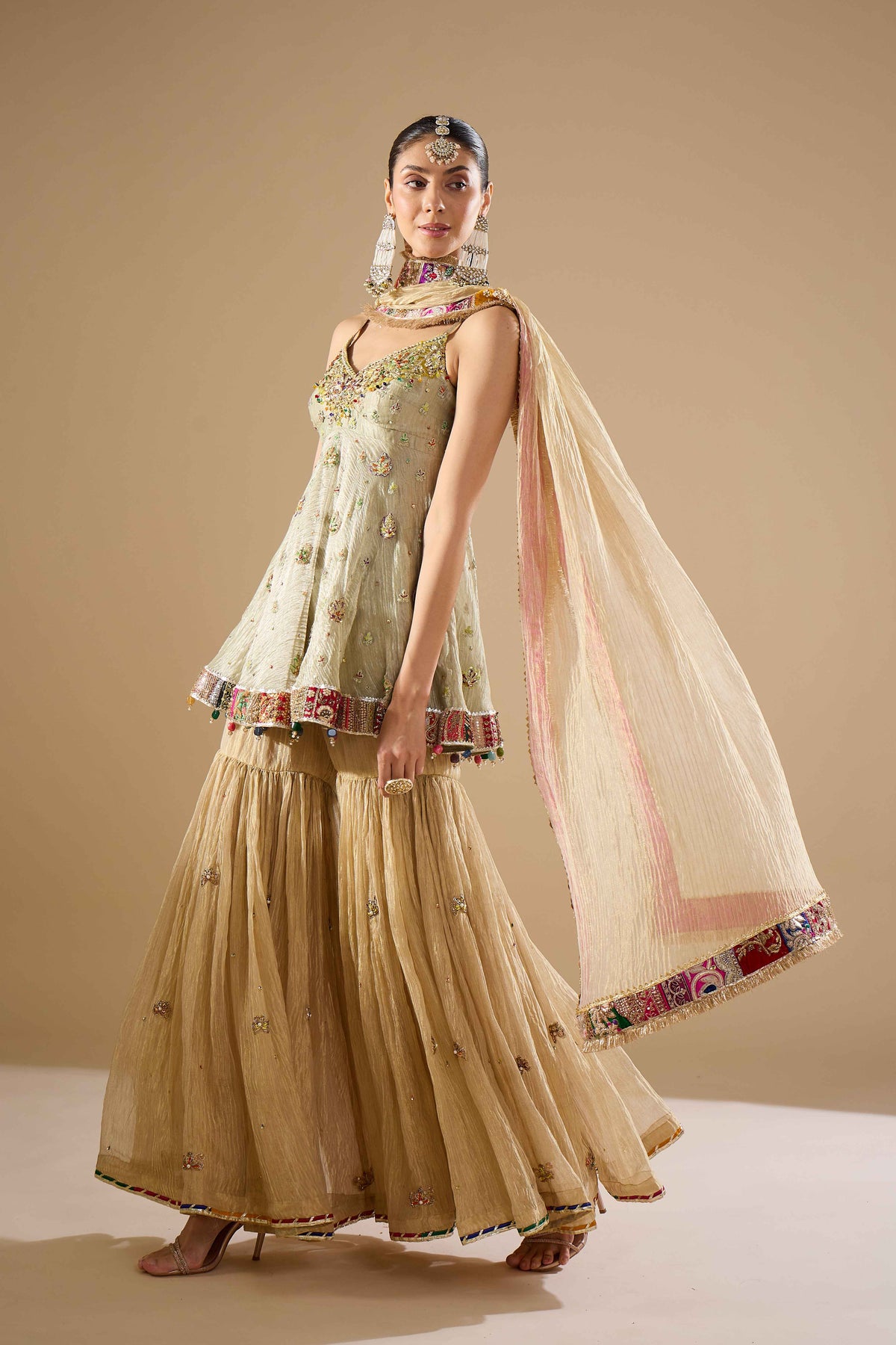 Sage Green Tissue Shirt & Gharara Set