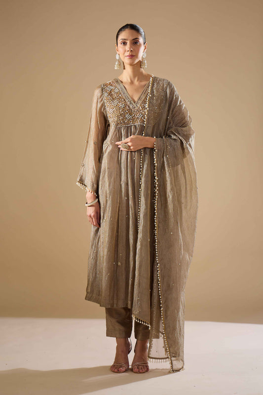 Charcoal Tissue Anarkali Set