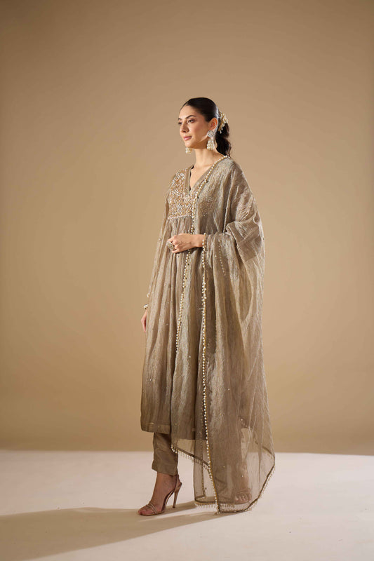 Charcoal Tissue Anarkali Set