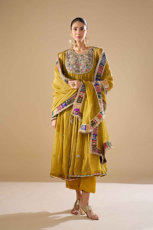 Mustard Tissue Anarkali Set