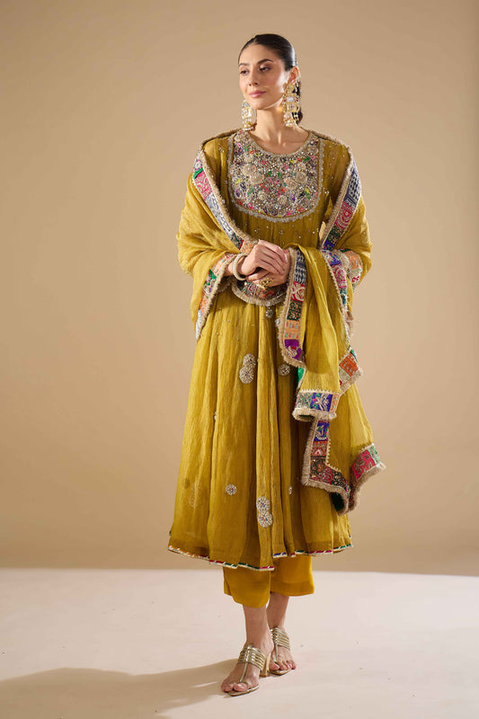 Mustard Tissue Anarkali Set