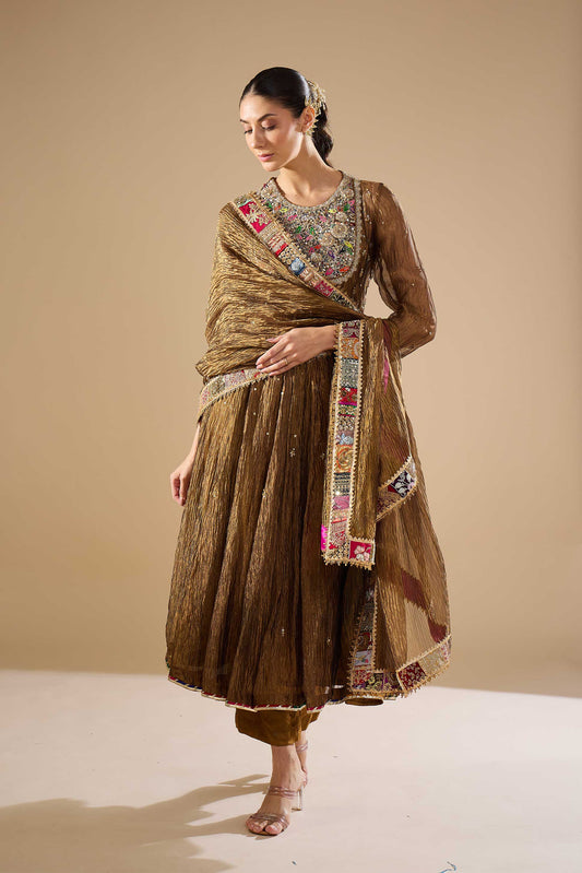 Olive Green Tissue Anarkali Set
