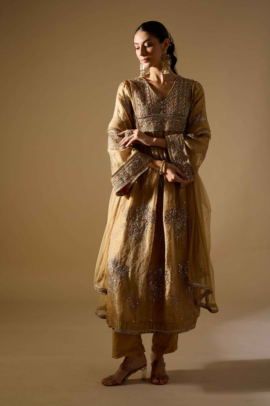 Gold Tissue Anarkali Set