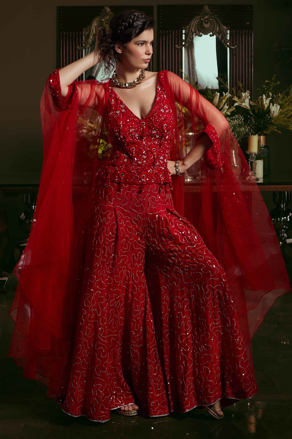 Red Corset & Wide Leg Pants Set