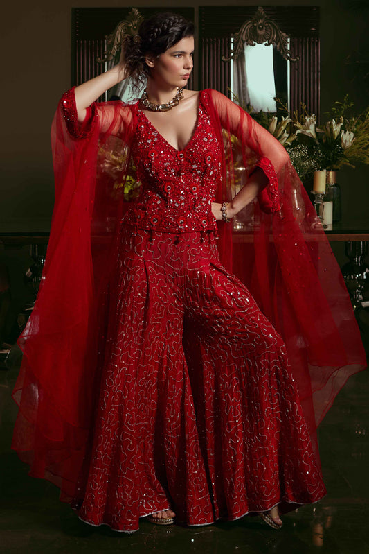 Red Corset & Wide Leg Pants Set