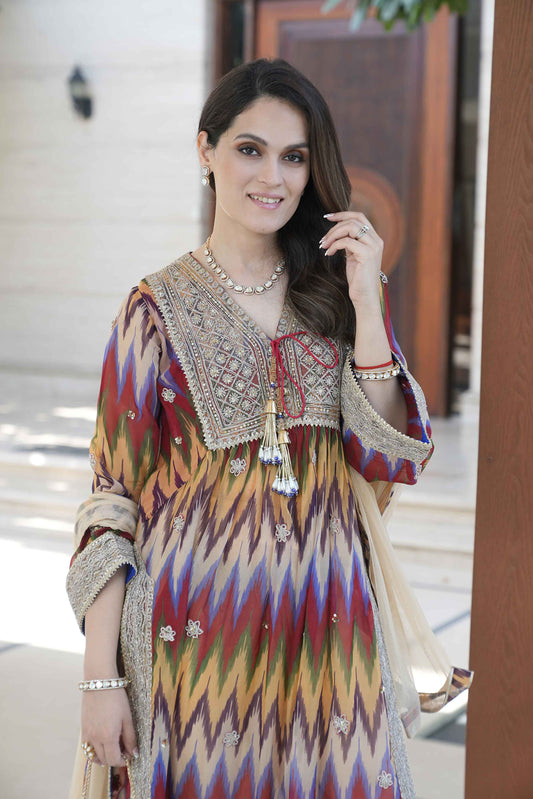 Multi-Coloured Ikat Kurta Set
